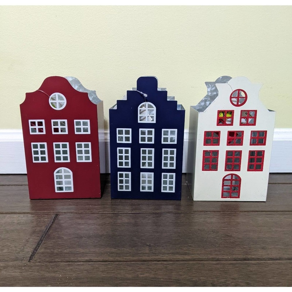 Set lot 3 Ashland Metal Christmas Houses LED Candle home decor light